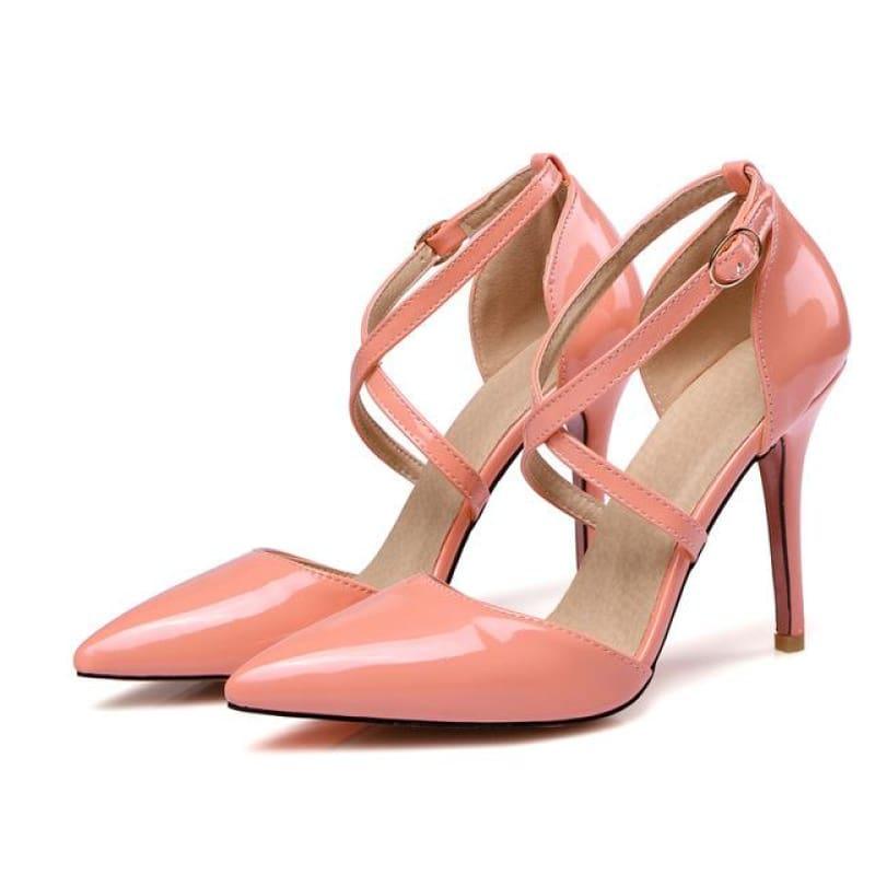Crossed Strap Sexy High Heels Ladies Pointed Toe Patent Leather Pump - pink / 3 - Pumps