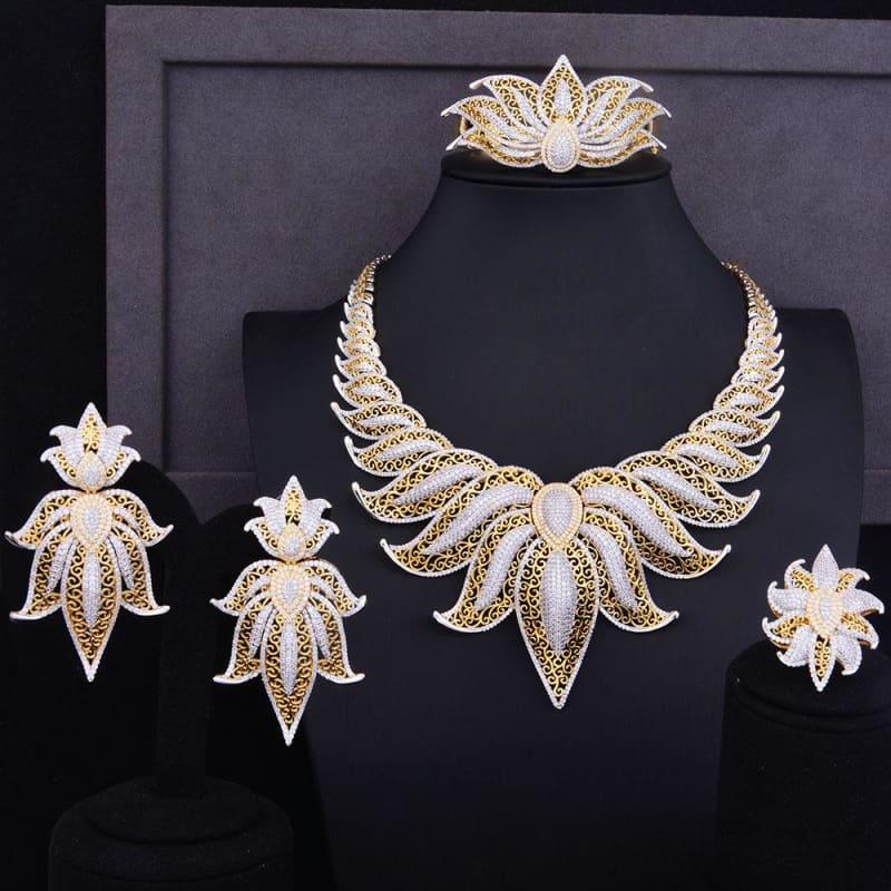 Crown Leaf Leaves Wedding Red Cubic Zirconia Statement Necklace Earrings Jewelry Set - Jewelry Set