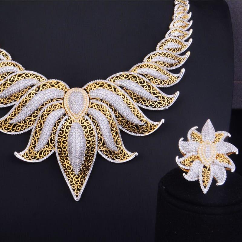 Crown Leaf Leaves Wedding Red Cubic Zirconia Statement Necklace Earrings Jewelry Set - Jewelry Set