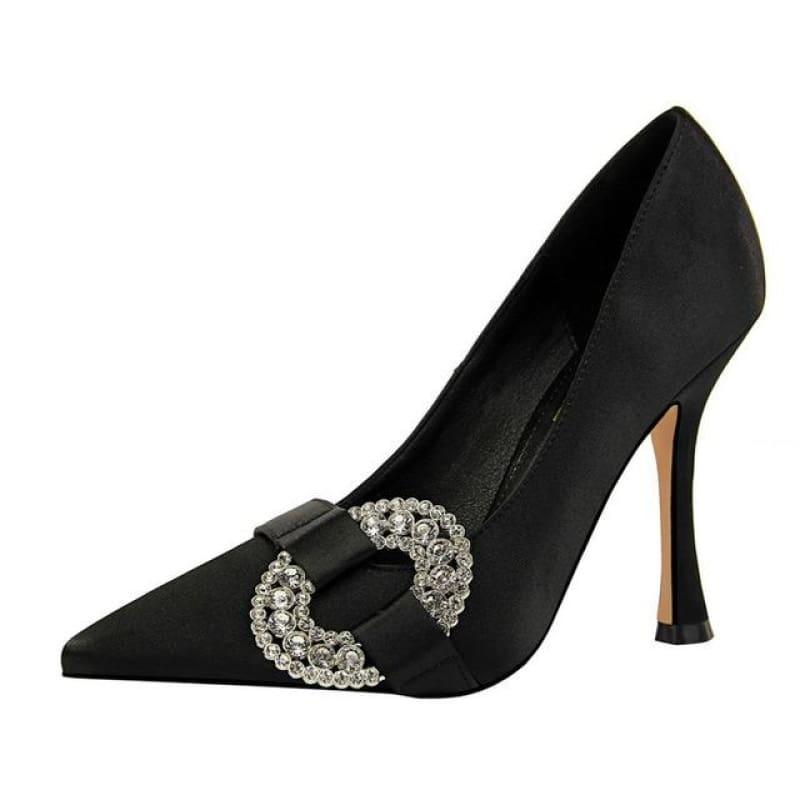 Crystal Buckle Design Pointed Toe Pumps - Black / 3 - pumps