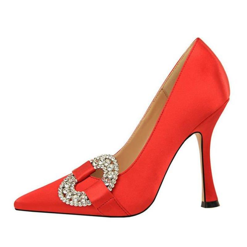 Crystal Buckle Design Pointed Toe Pumps - Red / 3 - pumps