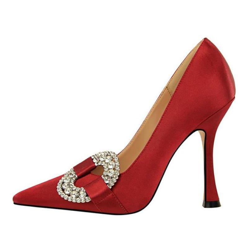 Crystal Buckle Design Pointed Toe Pumps - Wine Red / 3 - pumps