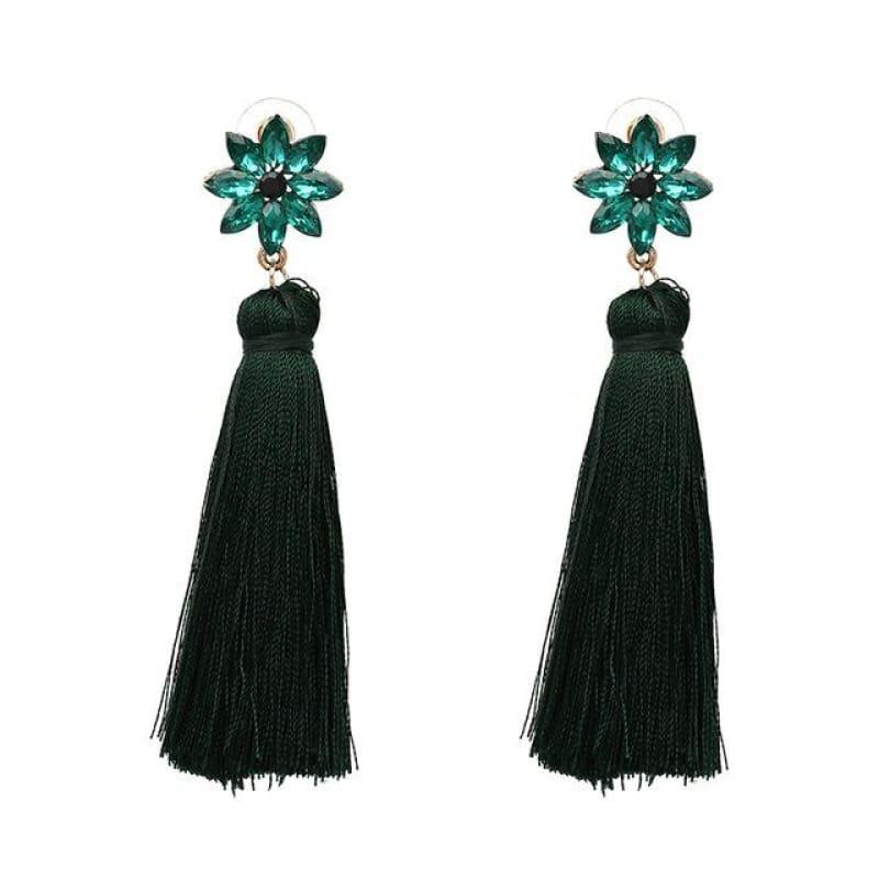 Crystal Flower Red Green Dangle Earrings With Black Purple Tassel Boho Earrings - TeresaCollections