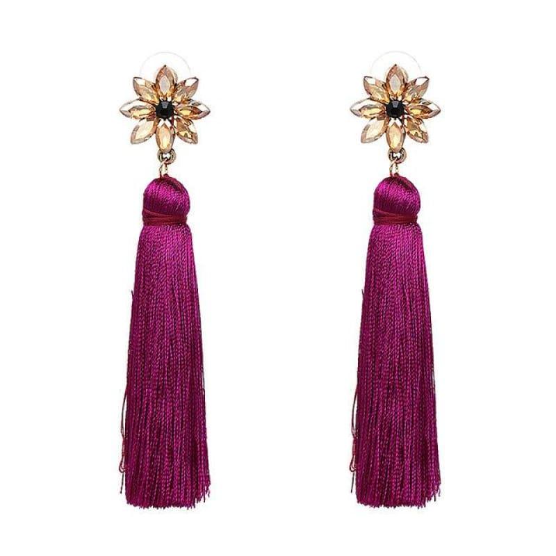 Crystal Flower Red Green Dangle Earrings With Black Purple Tassel Boho Earrings - TeresaCollections