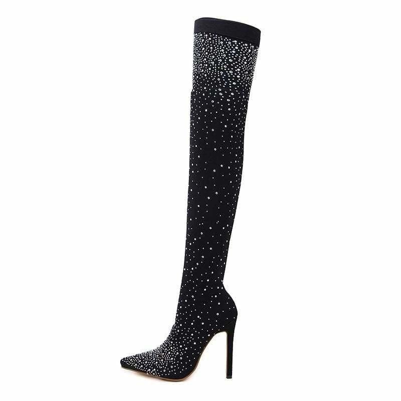 Crystal Stretch Fabric Sock Boots Pointy Toe Over-the-Knee Heel Thigh High Boots - boots