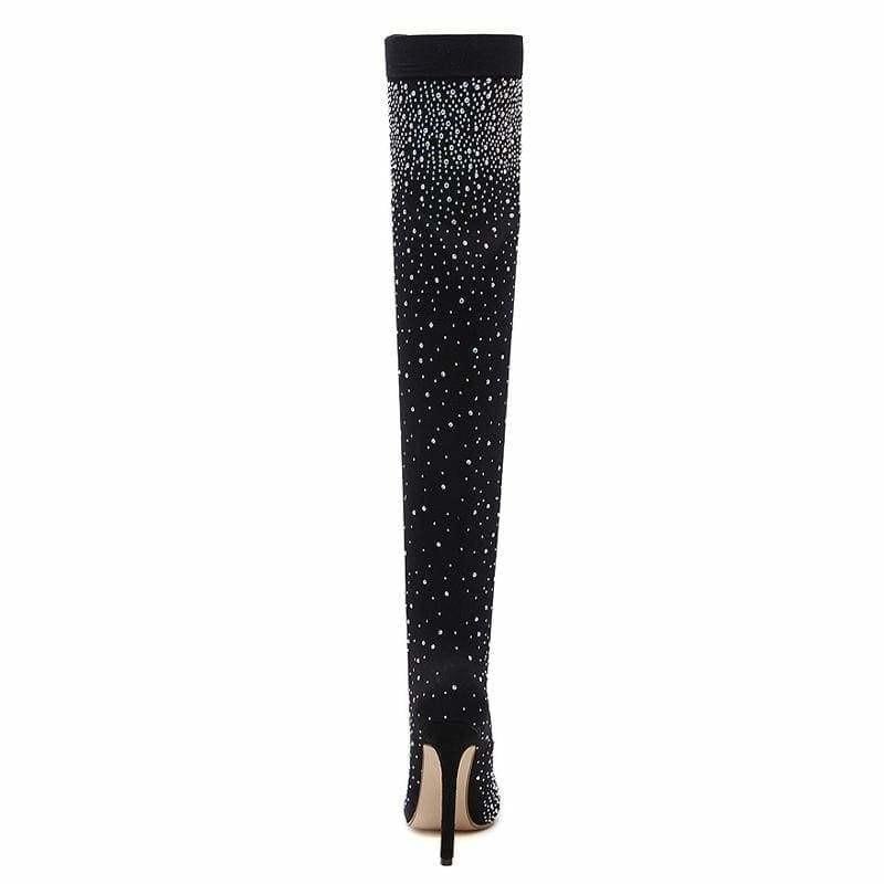 Crystal Stretch Fabric Sock Boots Pointy Toe Over-the-Knee Heel Thigh High Boots - boots