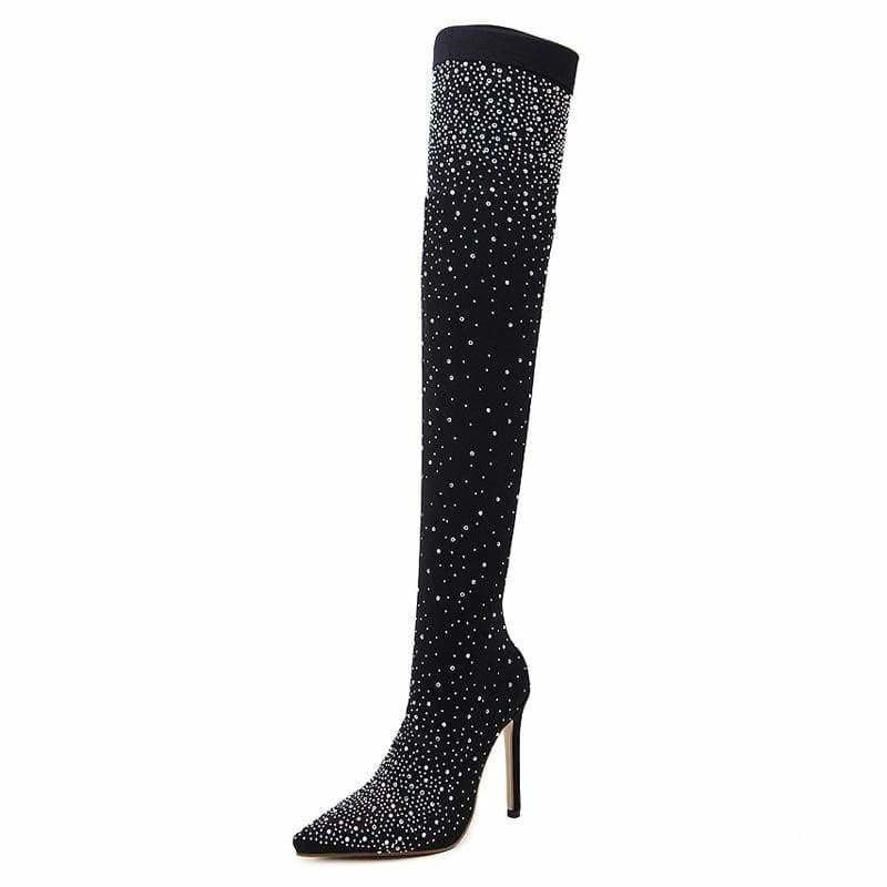 Crystal Stretch Fabric Sock Boots Pointy Toe Over-the-Knee Heel Thigh High Boots - boots