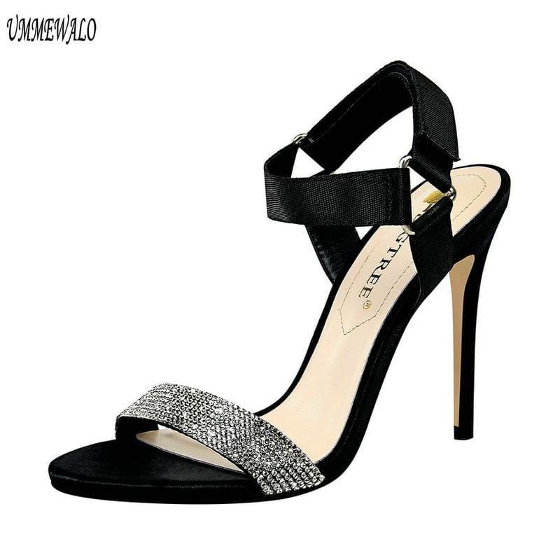 Crystal Studded Black Ankle Strap High Heel Summer Sandals - 4 - sandals