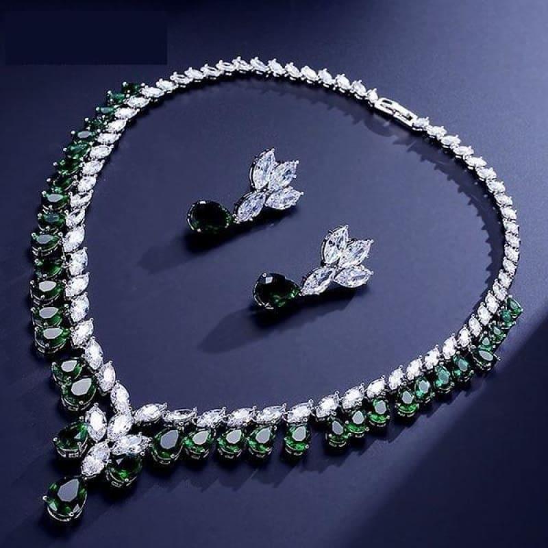 Cubic Zirconia Earrings And Necklace Jewelry Bridal Formal Jewelry Sets - Green - jewelry set