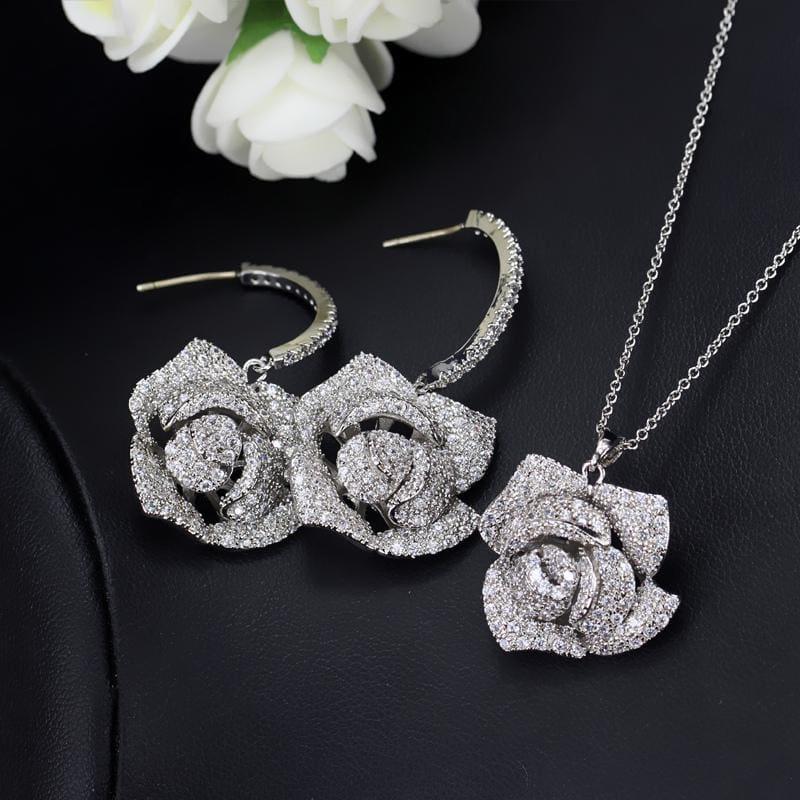 Cubic Zirconia Flower Drop Pendant Necklace And Earrings Jewelry Set - Jewelry set