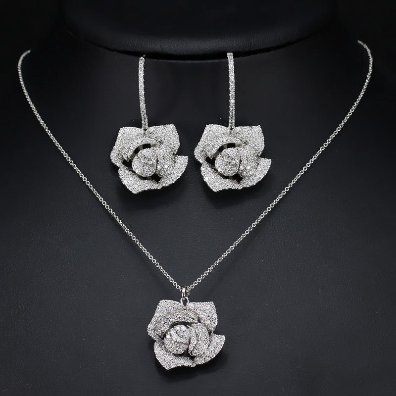 Cubic Zirconia Flower Drop Pendant Necklace And Earrings Jewelry Set - Jewelry set