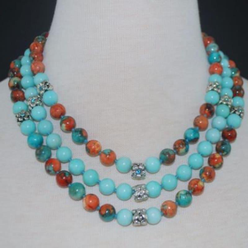 Custom Handmade Amazonite Gemstone Three Strands Beaded Necklace - TeresaCollections