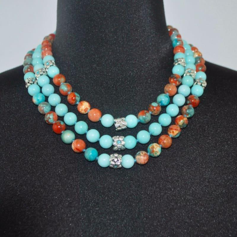 Custom Handmade Amazonite Gemstone Three Strands Beaded Necklace - TeresaCollections