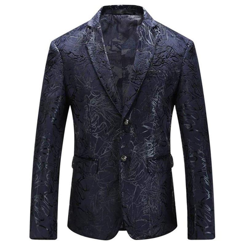 Dark Blue Vintage Prints Mens Floral Blazer Jackets - mens jackets
