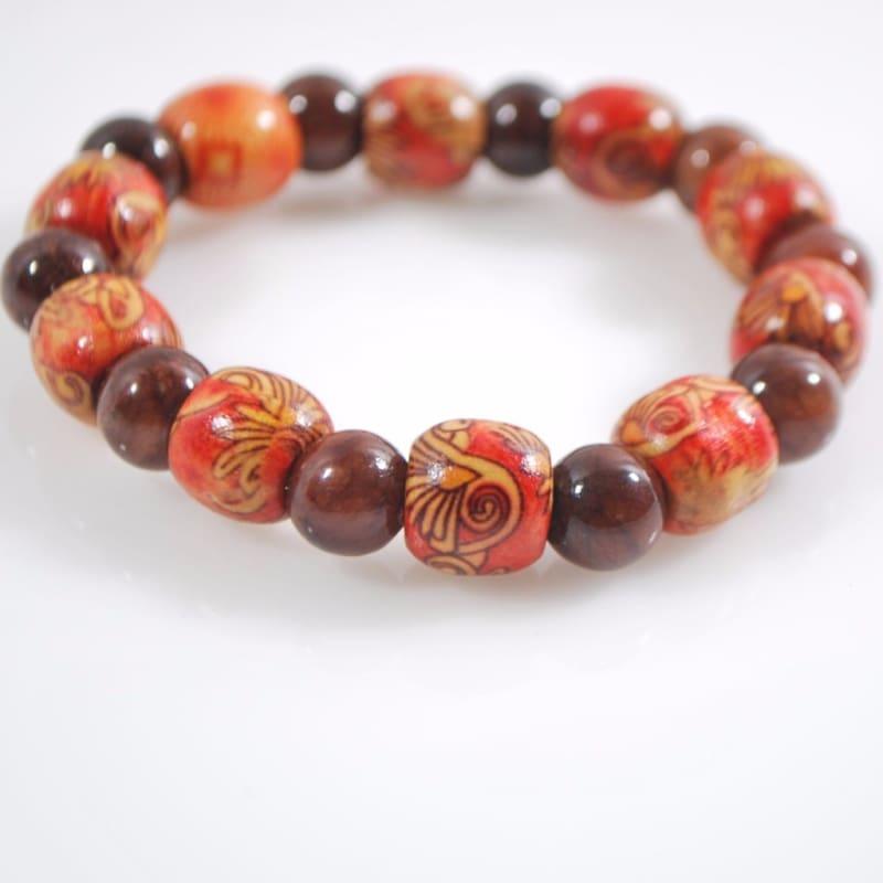 Dark Brown Agate Stone And Orange Print Wood Mens Bracelets - Handmade