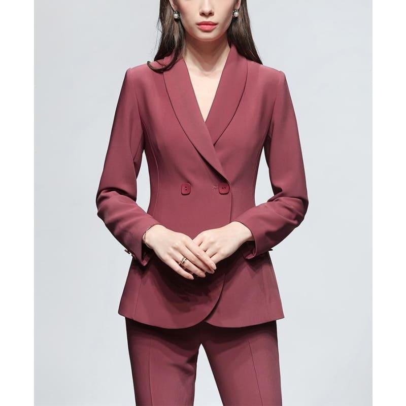 Dark Pink Two Piece Set Women Solid Printed Slim Coat+Pants Suit Long Sleeve Office Wear Outfit Suits - Suits