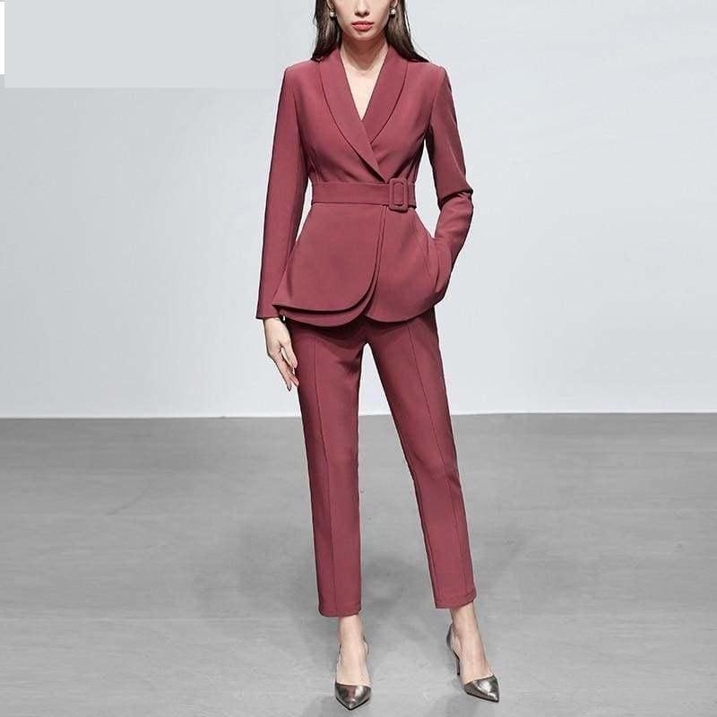 Dark Pink Two Piece Set Women Solid Printed Slim Coat+Pants Suit Long Sleeve Office Wear Outfit Suits - Suits
