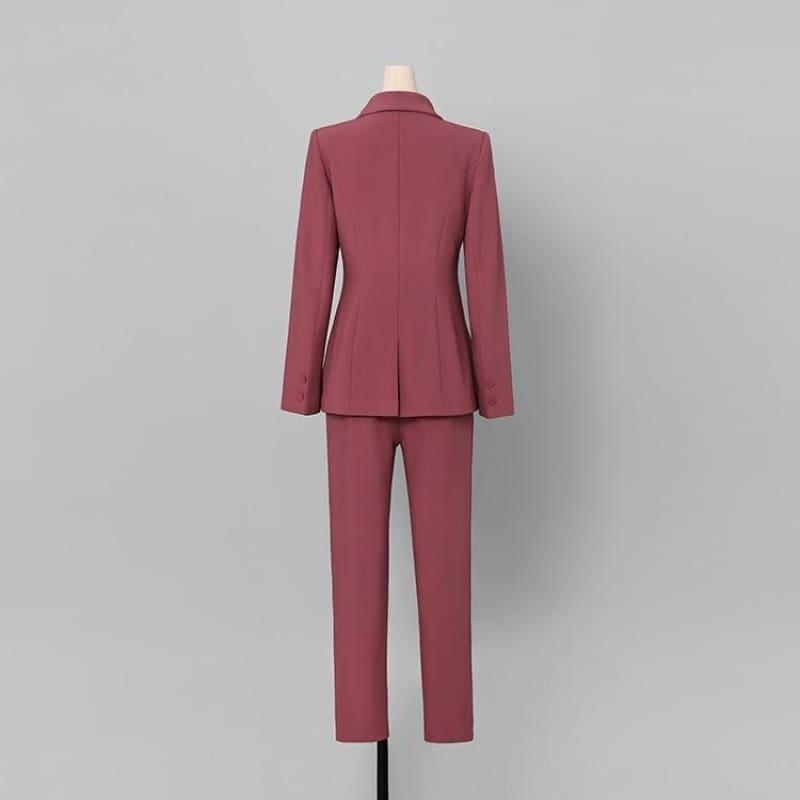 TeresaCollections - Dark Pink Two Piece Set Women Solid Printed Slim Coat+Pants  Suit Long Sleeve
