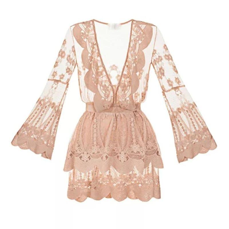 Deep V-neck Mini-dress Pink Luxury Lace Ruffled Mini Dress - TeresaCollections