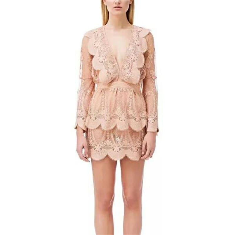 Deep V-neck Mini-dress Pink Luxury Lace Ruffled Mini Dress - TeresaCollections