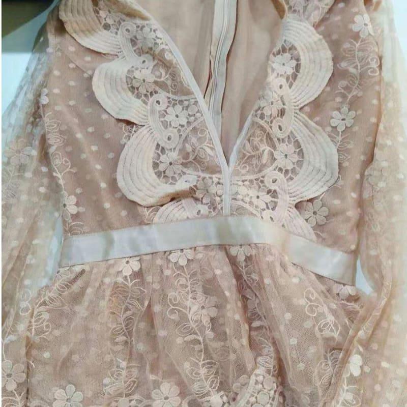 Deep V-neck Mini-dress Pink Luxury Lace Ruffled Mini Dress - TeresaCollections