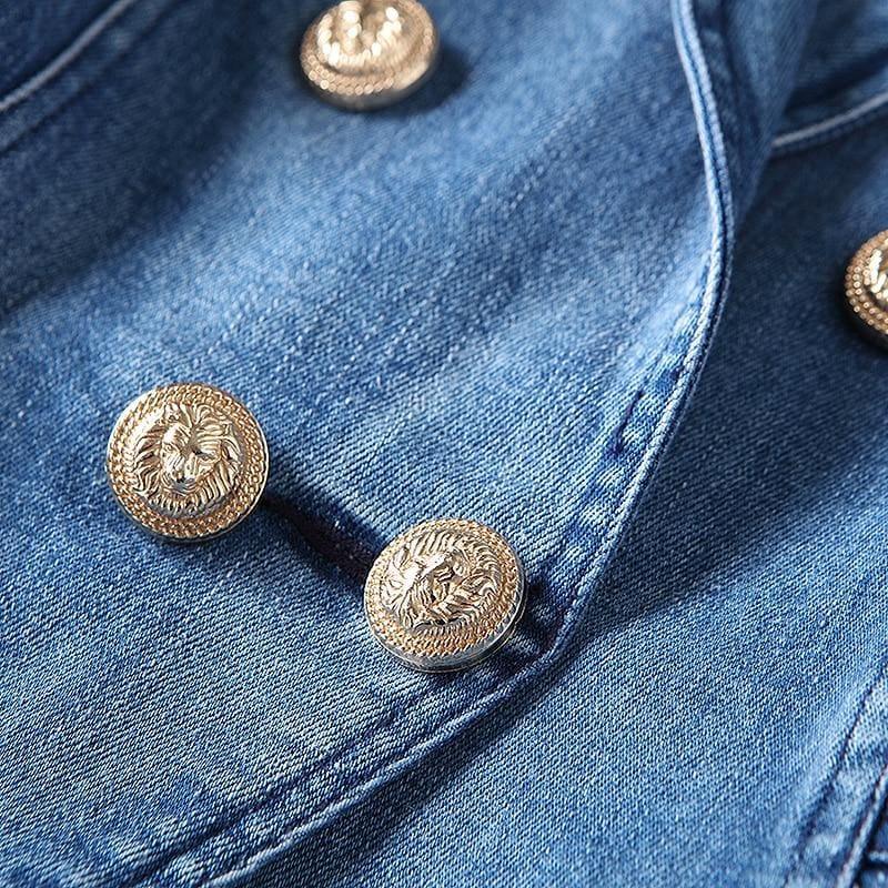 Denim Metal Lion Buttons Double Breasted Blazer Jacket - TeresaCollections
