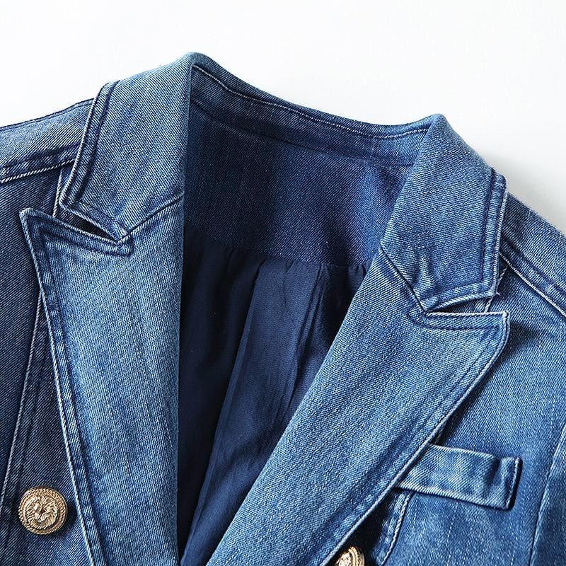 Denim Metal Lion Buttons Double Breasted Blazer Jacket - TeresaCollections