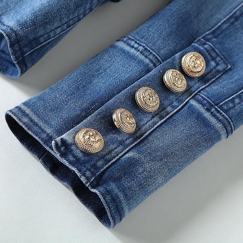 Denim Metal Lion Buttons Double Breasted Blazer Jacket - TeresaCollections