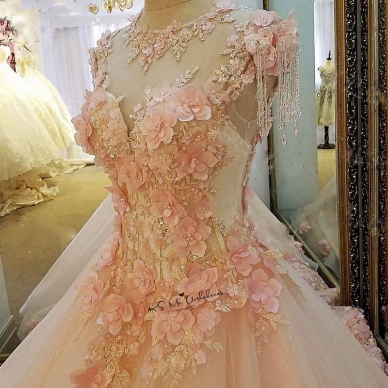 Diamond Tulle Vintage Pearls Flowers Pink Custom Made Princess Dress - TeresaCollections