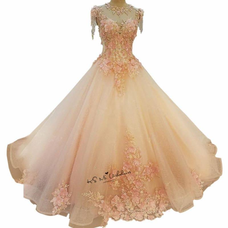Diamond Tulle Vintage Pearls Flowers Pink Custom Made Princess Dress - TeresaCollections