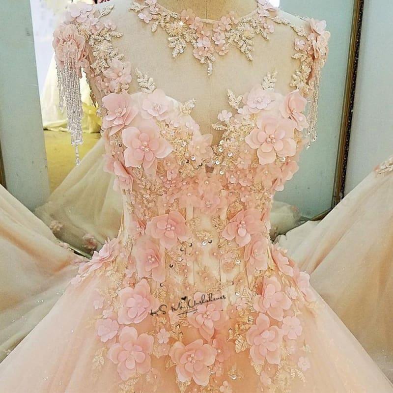 Diamond Tulle Vintage Pearls Flowers Pink Custom Made Princess Dress - TeresaCollections