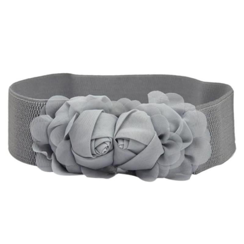 Double Rose Flower Buckle Elastic Waist Belt - Gray - Belt