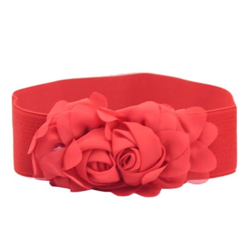Double Rose Flower Buckle Elastic Waist Belt - TeresaCollections