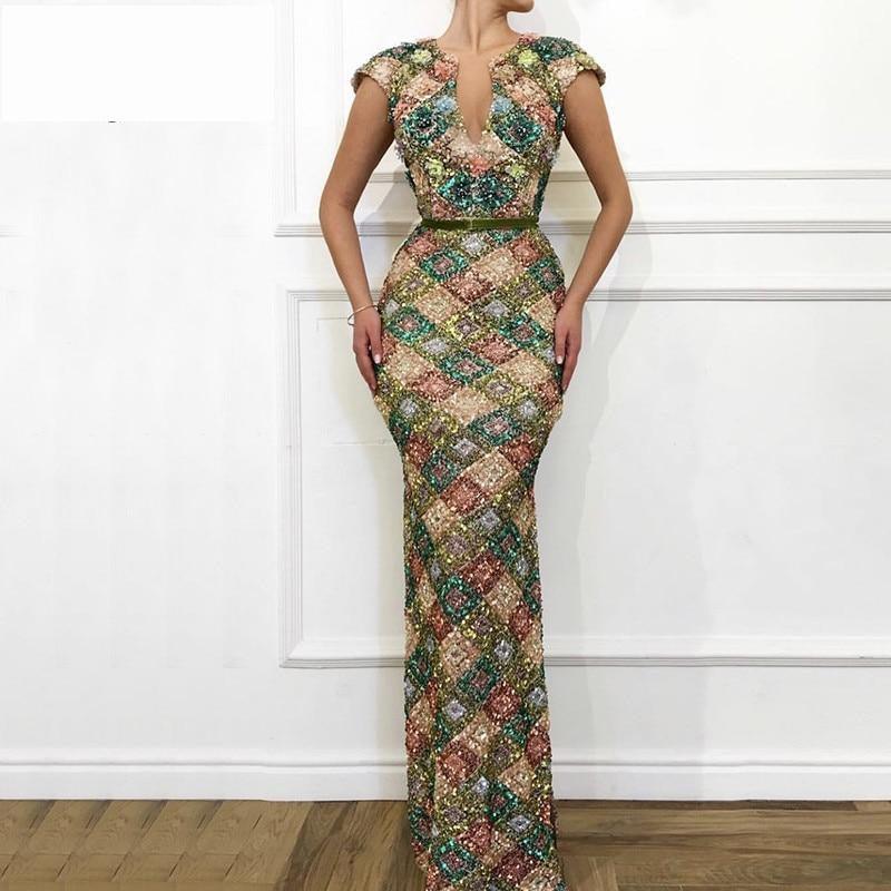 Dubai Multicolored Sequins Sexy Handmade Flowers Luxury Sparkle Evening Dress - TeresaCollections