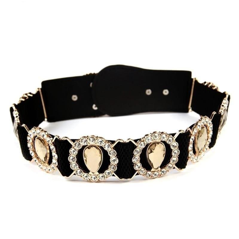 Elastic Rhinestone Mirror Metal Waist Belt Metallic Bling Gold Plate Wide Belt - Belt