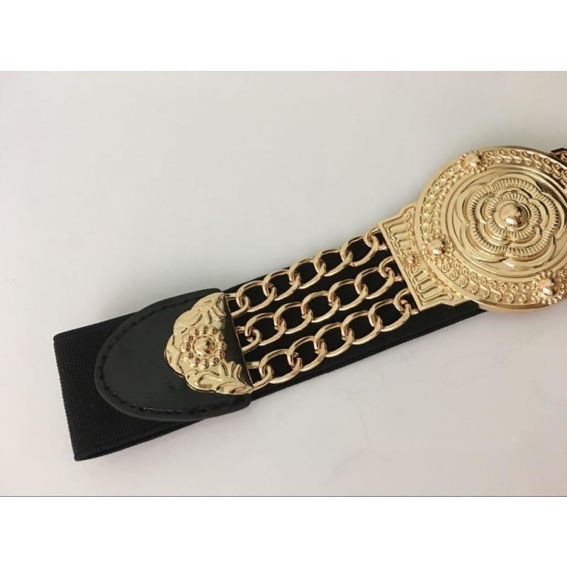 Elastic Wide Gold Metal Waist Chain Fashion Belt - Belt