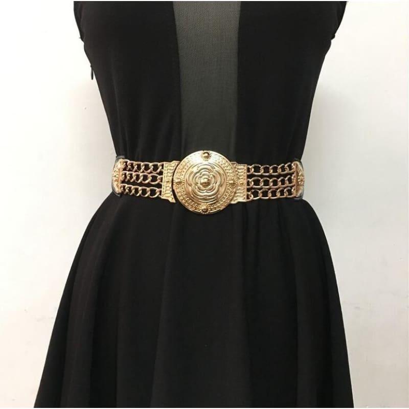 TeresaCollections Elastic Wide Gold Metal Waist Chain Fashion Belt