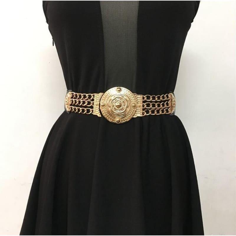 Elastic Wide Gold Metal Waist Chain Fashion Belt - Belt