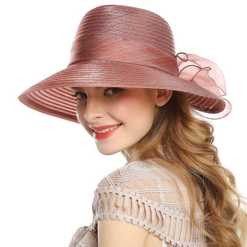 Elegant Big Bow Feather Flower Summer Khaki Color Yarn Church Fedoras Hats - Brown - hats