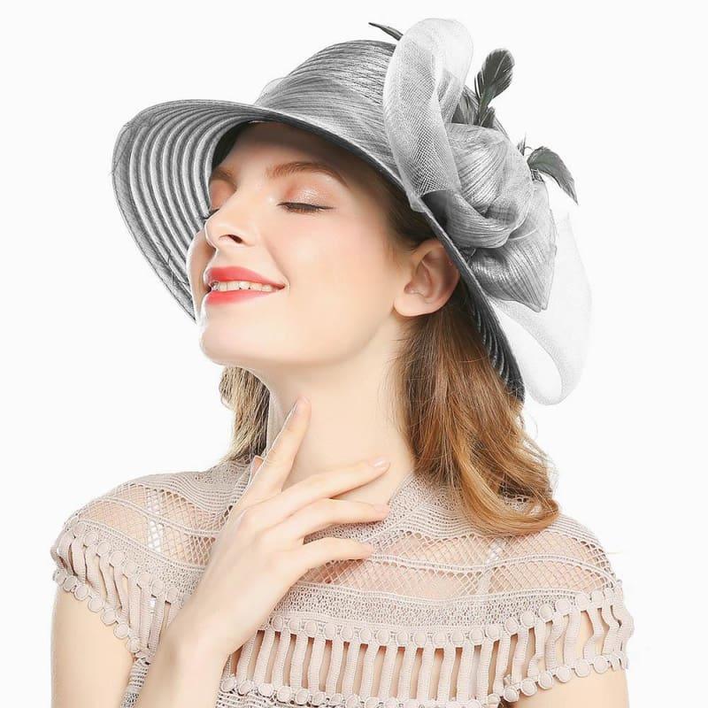 Elegant Big Bow Feather Flower Summer Khaki Color Yarn Church Fedoras Hats - Gray - hats