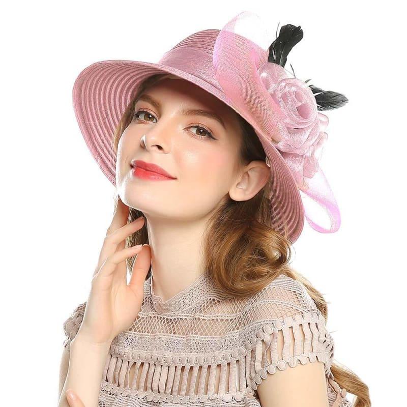 Elegant Big Bow Feather Flower Summer Khaki Color Yarn Church Fedoras Hats - TeresaCollections