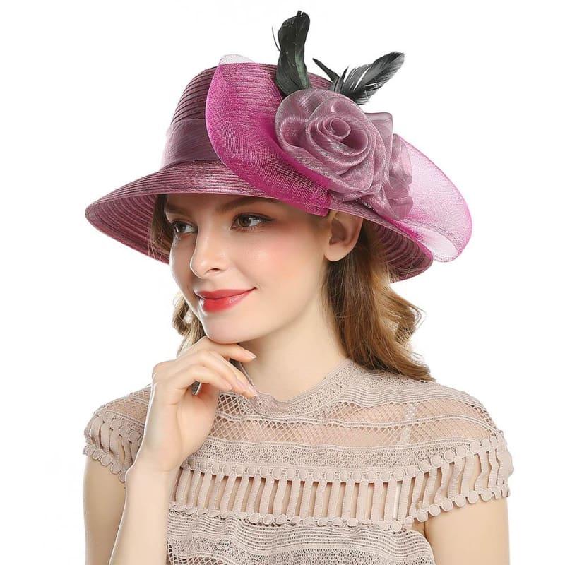 Elegant Big Bow Feather Flower Summer Khaki Color Yarn Church Fedoras Hats - TeresaCollections