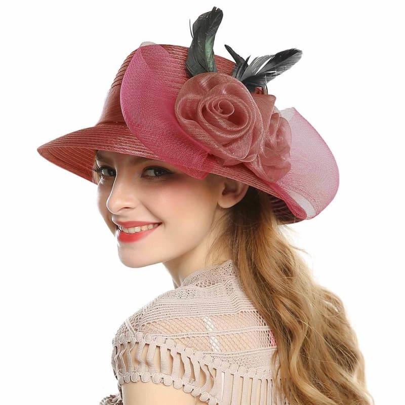 Elegant Big Bow Feather Flower Summer Khaki Color Yarn Church Fedoras Hats - TeresaCollections