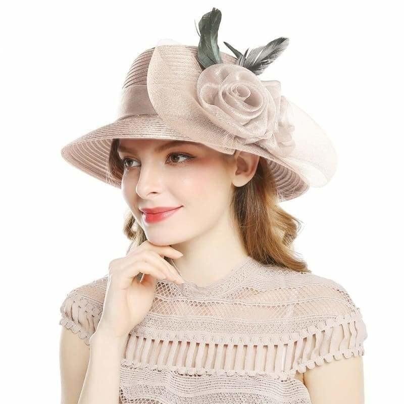 Elegant Big Bow Feather Flower Summer Khaki Color Yarn Church Fedoras Hats - hats