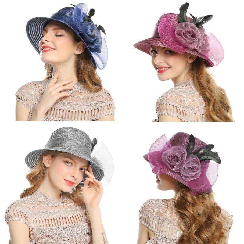 Elegant Big Bow Feather Flower Summer Khaki Color Yarn Church Fedoras Hats - hats