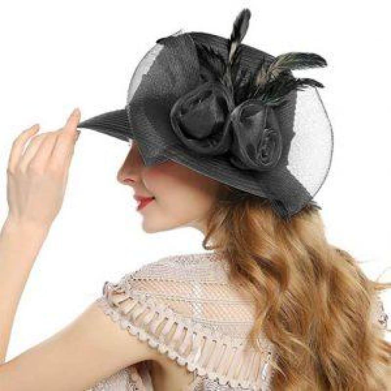 Elegant Big Bow Feather Flower Summer Khaki Color Yarn Church Fedoras Hats - hats