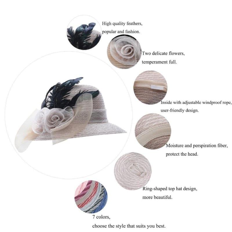 Elegant Big Bow Feather Flower Summer Khaki Color Yarn Church Fedoras Hats - hats