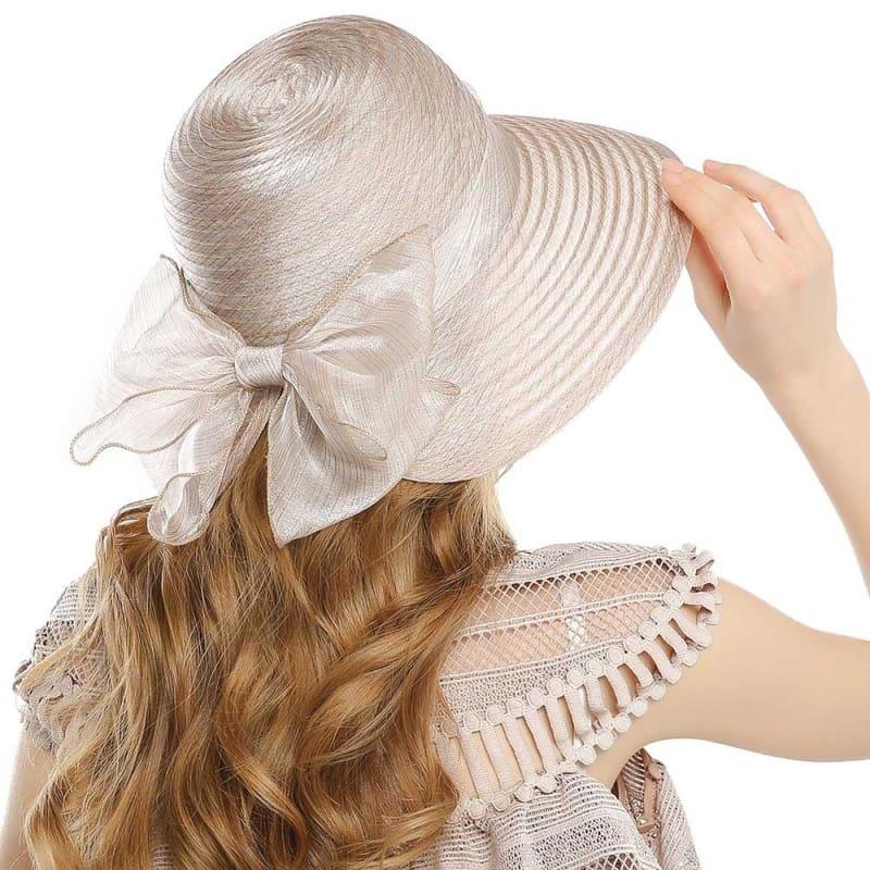 Elegant Big Bow Feather Flower Summer Khaki Color Yarn Church Fedoras Hats - TeresaCollections