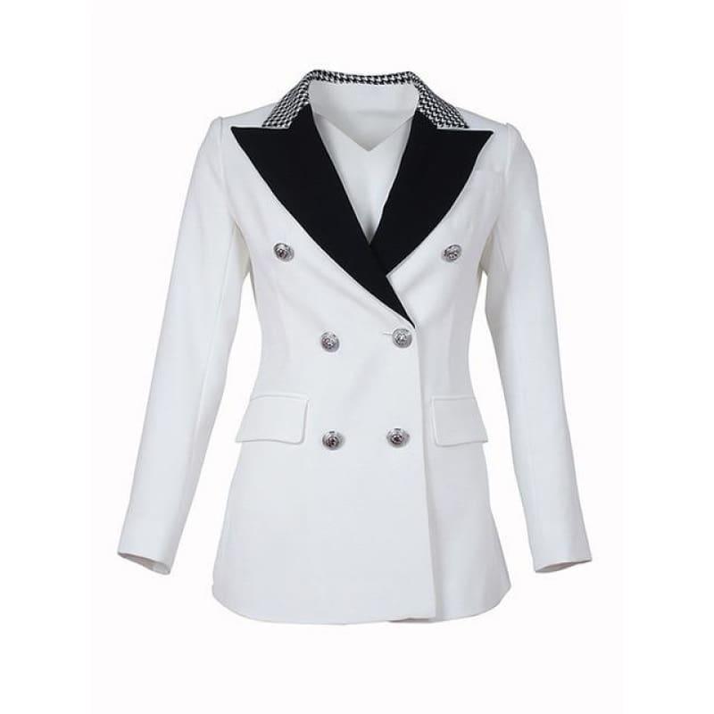 Elegant Black and White Double Breasted Women Tuxedo Blazer Jackets - WHITE / S - Jackets