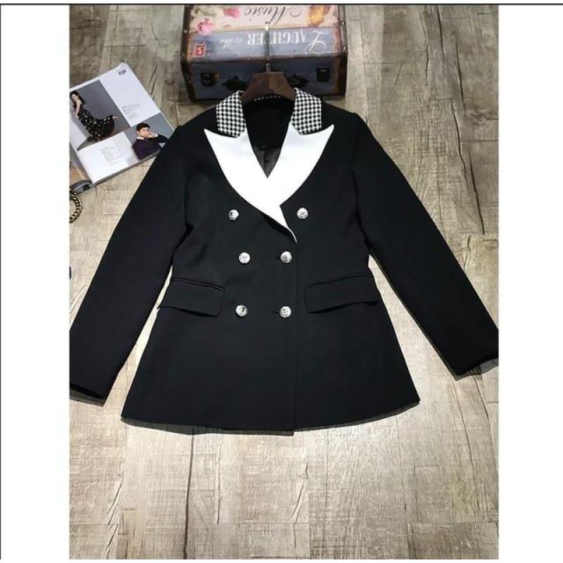 Elegant Black and White Double Breasted Women Tuxedo Blazer Jackets - Black / S - Jackets